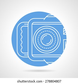 Abstract blue round vector icon with white line waterproof case with camera for diving on gray background.
