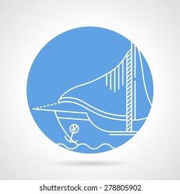 Abstract blue round vector icon with white line sail yacht on gray background.