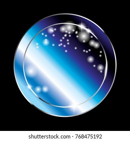 Abstract blue round winter themed background with a shiny frame and snowflakes. Vector illustration.