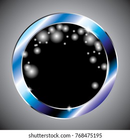 Abstract blue round winter themed background with a shiny frame and snowflakes. Vector illustration.