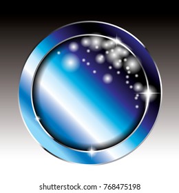 Abstract blue round winter themed background with a shiny frame and snowflakes. Vector illustration.