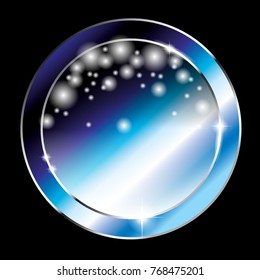 Abstract blue round winter themed background with a shiny frame and snowflakes. Vector illustration.