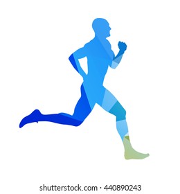 Abstract blue running man. Runner vector silhouette. Profile, side view