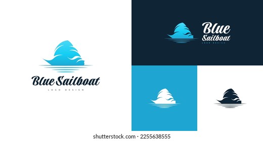 Abstract Blue Sailboat Logo with Waves. Ship Logo or Icon
