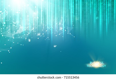 Abstract blue science design and bigdata. Particles of computer network with fallen array of numbers over blue background. Abstract science design. Vector illustration.