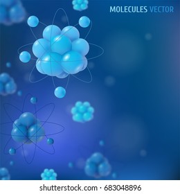 Abstract blue scientific background with atoms structure. 3d vector protons neutrons and electrons. Science concept.