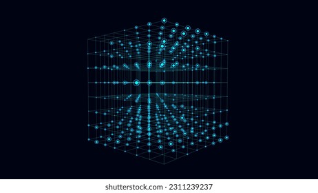 Abstract blue sci-fi cube with particle and line. Vector technology network connection on world. Global digital connections ai. Wireframe cube. Blockchain encryption.