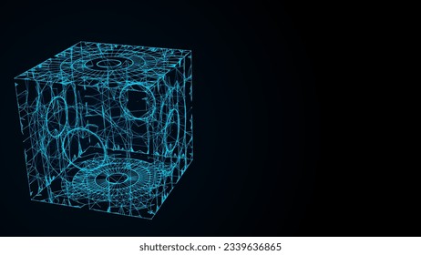 Abstract blue sci-fi cube with particle and line. Vector technology network connection on world. Global digital connections ai. Wireframe cube. Blockchain encryption.