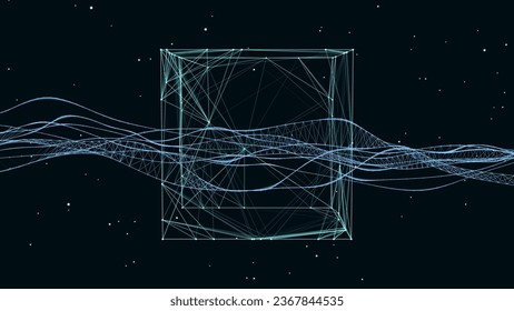 Abstract blue sci-fi cube with particle and line. Vector technology network connection on world. Global digital connections ai. Wireframe cube. Blockchain encryption.