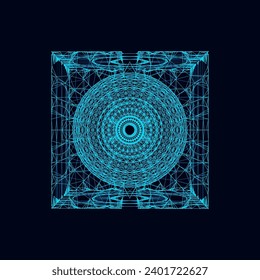Abstract blue sci-fi cube with particle and line. Vector technology network connection on world. Global digital connections ai. Wireframe cube. Blockchain encryption.