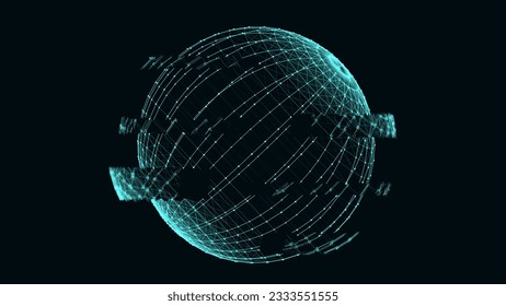 Abstract blue sci-fi glitch sphere with particles and lines. Technology network connection on world. Futuristic vector illustration. Global digital connections ai. 3D wireframe geometric sphere.