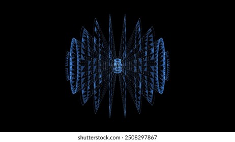 Abstract blue sci-fi sphere with particles and lines. Technology network connection on world. Futuristic vector illustration. Global digital connections ai. 3D wireframe geometric sphere.