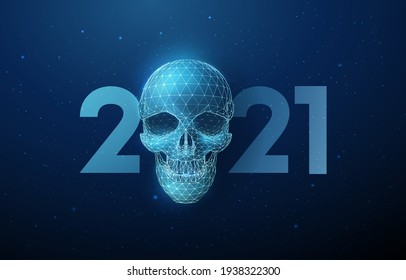Abstract blue scull and number 2021 New Year greeting card. Low poly style design. Abstract geometric background. Wireframe light structure. Modern 3d graphic concept. Isolated vector illustration.