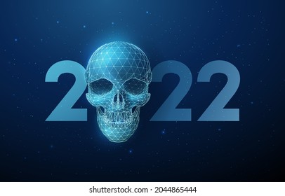 Abstract blue scull and number 2022 New Year greeting card. Low poly style design. Abstract geometric background. Wireframe light structure. Modern 3d graphic concept. Isolated vector illustration
