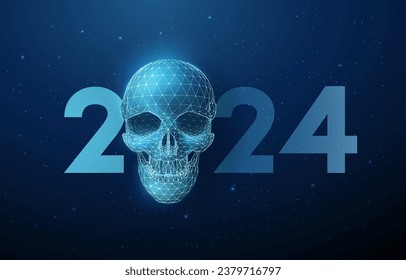 Abstract blue scull and number 2024 New Year greeting card. Low poly style design. Abstract geometric background. Wireframe light structure. Modern 3d graphic concept. Vector illustration
