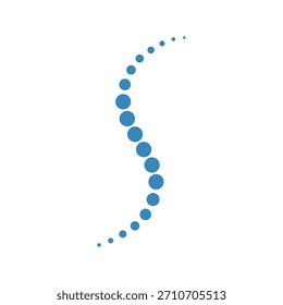 Abstract blue scurve shape made of varying size dots representing a spine or chiropractic logo design element isolated on white background.