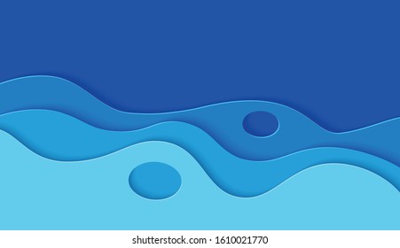 Abstract blue sea background with paper waves for banner, invitation, poster or web site design. Paper cut style, space for text,  vector illustration