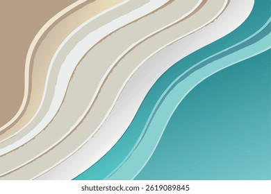 Abstract blue sea and beach background with curved paper waves and seacoast. Paper cut-out style. Perfect for banner, flyer, invitation, poster, website. Vector illustration.