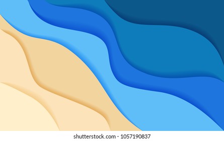 abstract blue sea and beach summer background with paper waves and seacoast