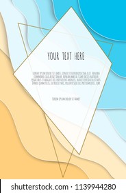 Abstract blue sea and beach summer background with paper waves. Background for banner, invitation, poster or web site design. Paper cut style, space for text, vector illustration