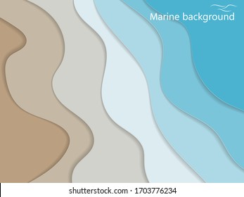 Abstract blue sea and beach summer background with paper waves and sea coast for banner, invitation, poster or website design. Paper cut style, imitation of 3d effect, space for text, vector