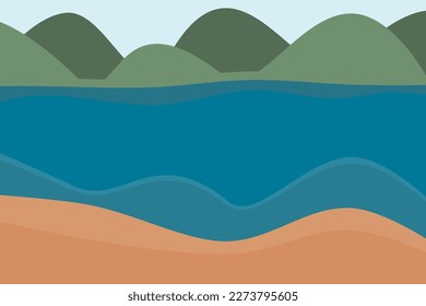 Abstract blue sea and beach summer background with paper waves and seacoast for banner, invitation, poster or web site design. Paper cut style, 3d effect imitation, space for text, vector illustration