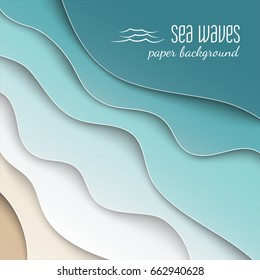 Abstract blue sea and beach summer background with curve paper wave and seacoast poster or web site design. Paper cut style, space for text, vector illustration