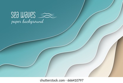 Abstract blue sea and beach summer background with curve paper wave and seacoast, cropped with clipping mask for banner, poster or web site design. Paper cut style, space for text, vector illustration