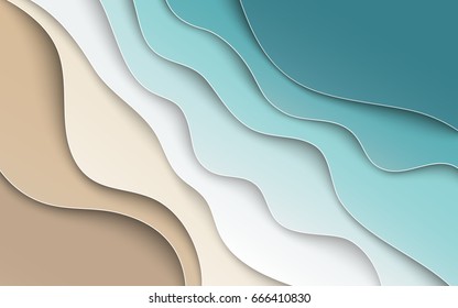 Abstract blue sea   beach summer background and paper waves   seacoast for banner  invitation  poster web site design  Paper cut style  3d effect imitation  space for text  vector illustration