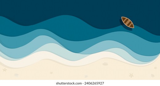 Resumen del mar azul con barca y arena blanca superior de la playa ilustración vectorial. Fondo de diseño plano con concepto de mar tropical azul.