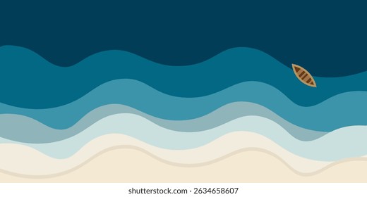 Abstract blue sea with boat and white sand beach top view vector illustration. Tropical blue sea concept flat design background.
