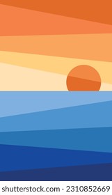 Resumen de fondo azul mar y puesta de sol con olas de papel y lecho marino para banner, invitación, afiche o diseño de sitio web. Estilo de corte de papel, imitación de efecto 3d, ilustración vectorial