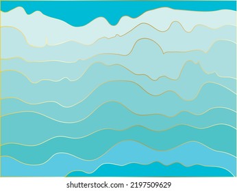 abstract blue sea water wave layer shape zigzag pattern with gold line concept background flat design style illustration.