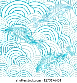 Abstract blue sea wave seamless background design, decorative fish element for web, print, wallpaper, wrapping paper, fabric print