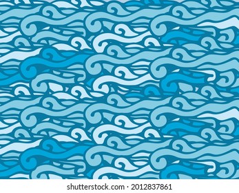 Abstract blue sea waves, art pattern, hand drawing. Vector illustration
