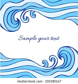 Abstract blue sea waves isolated on white background, Vector graphic illustration, decorative frame with space for text for design greeting cards, wedding invitations, travel postcard, printing
