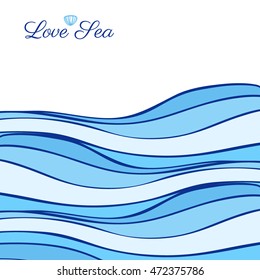 Abstract blue sea waves isolated on white background, Vector graphic illustration, decorative frame with space for text for design greeting cards, wedding invitations, travel postcard, printing