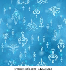 Abstract blue seamless background with graphic floral pattern. Vector eps10, contains transparencies