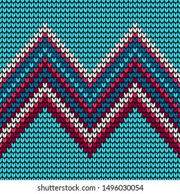 Abstract blue seamless knitting pattern with red and white lines