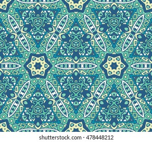 Abstract blue seamless ornamental vector pattern for fabric. mosaic tiled