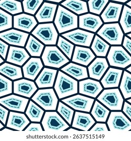 Abstract blue seamless pattern of broken lines. Complex geometry cellular structure. Mix of polygonal random figures on white background