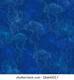 Abstract blue seamless pattern of jellyfish