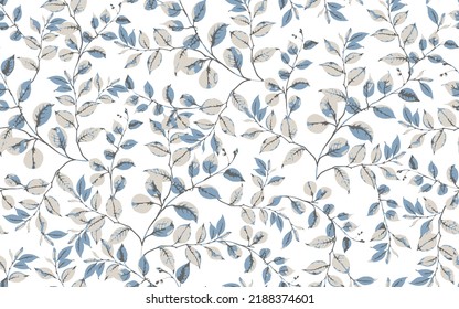 Abstract blue seamless pattern with leaves. Raster illustration.Dark branches with leaves on grey background.  seamless pattern.