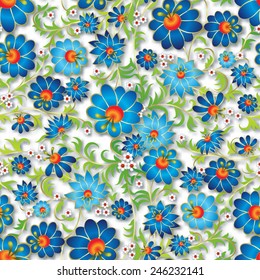 abstract blue seamless spring floral ornament and shadow on white background