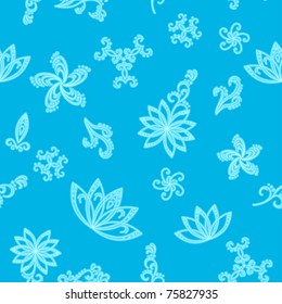 Abstract blue seamless vector background with white graphic floral pattern