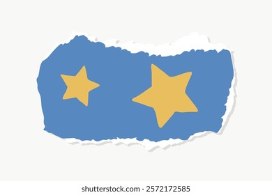 abstract blue shape with Star ripped paper vector element. Torn paper with blue background and yellow stars. Abstract blue shape with star ripped paper vector collage element.