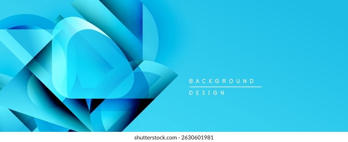 Abstract blue shapes create dynamic background. Modern design features gradients, curves, sharp angles. Clean aesthetic, suitable for banners, headers.