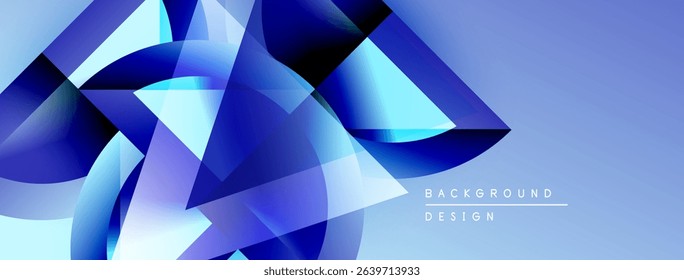 Abstract blue shapes overlap, creating dynamic visual effect. Gradient colors suggest depth, modern design aesthetic.