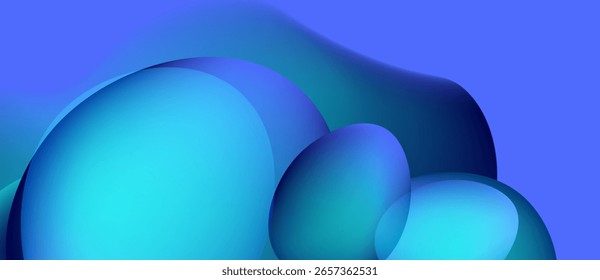 Abstract blue shapes overlap, creating fluid forms. Gradient colors suggest depth, light reflecting off rounded surfaces. Minimalist design.
