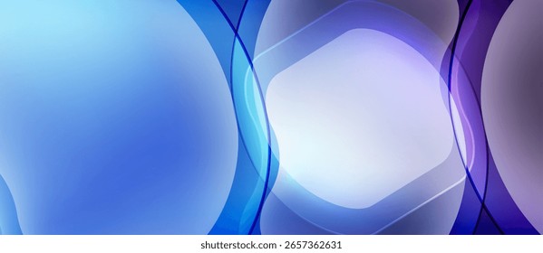 Formas azuis abstratas se sobrepõem, criando efeitos de luz suaves. Gradientes suaves sugerem movimento fluido, design moderno.